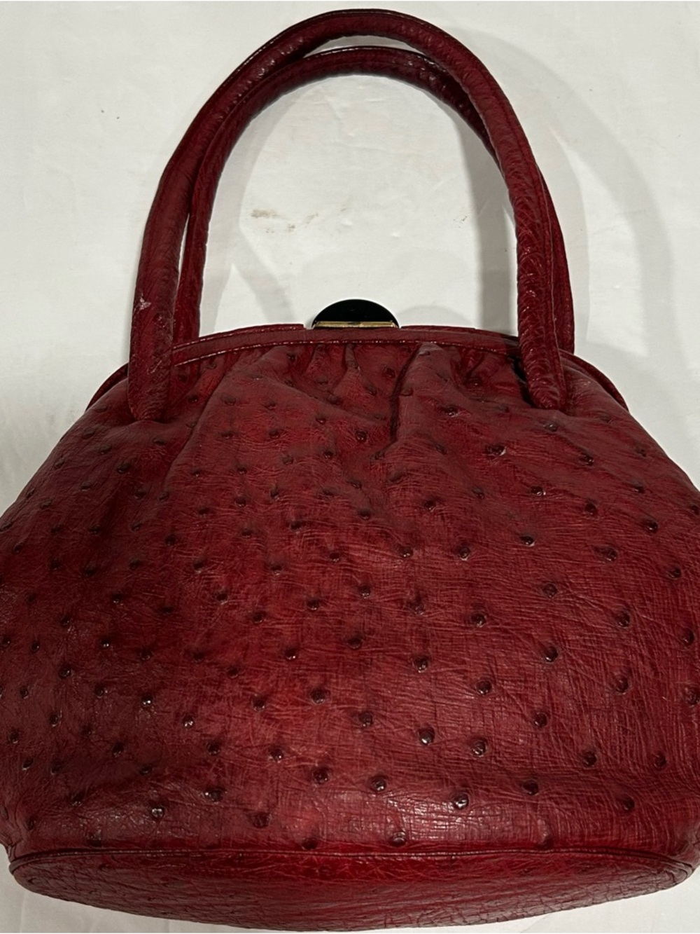 Vintage Mid-Century Red Ostrich Leather Handbag Cabochon Clasp Dual Handle
